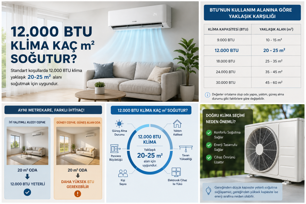 12.000 BTU Klima Kaç m² Soğutur? 2 12.000 BTU Klima Kac m² Sogutur