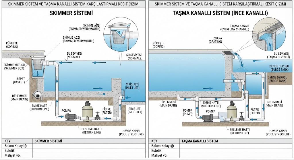 Betonarme Havuz Maliyeti 2026 6 Skimmer sistem ile tasma kanalli havuzu